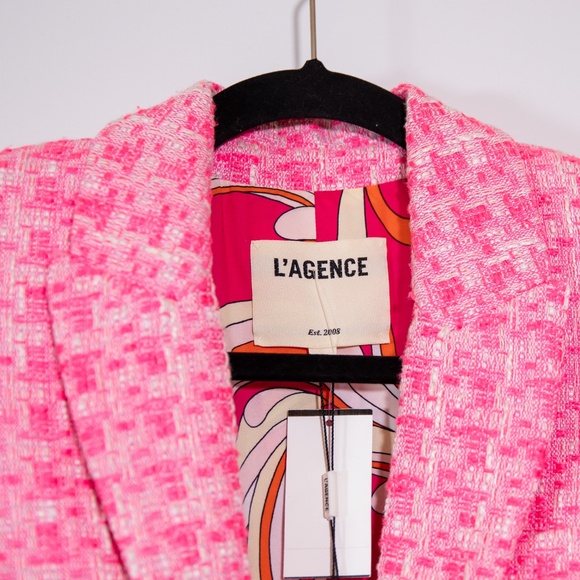NEW L'Agence Inez Cropped Open Front Tweed Boucle Jacket Bblazer Hot Pink 2 - Picture 2 of 4